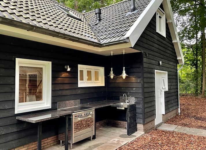 Wohnzimmer des Ferienhauses in Emst mit Walddekor, Veluwe, Gelderland.