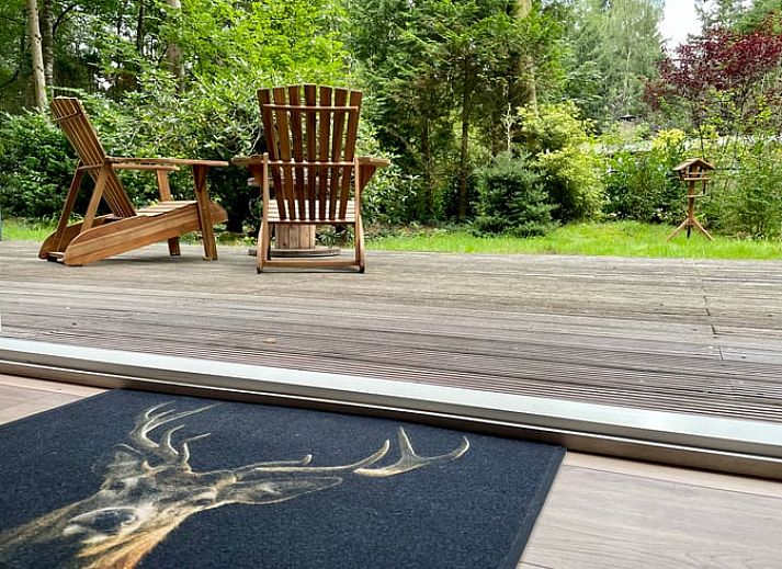 Wohnzimmer des Ferienhauses in Emst mit Walddekor, Veluwe, Gelderland.