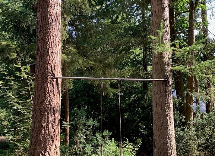 Gemuetlicher Innenbereich des Ferienhauses in Emst, Veluwe, Gelderland mit Holzinterieur und stimmungsvoller Beleuchtung.