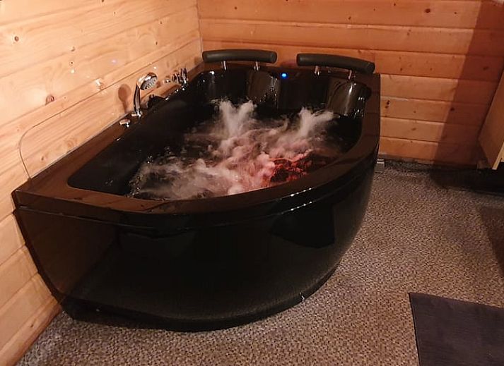 Aussenterrasse im Ferienhaus in Ermelo, Veluwe, umgeben von gruener Natur.