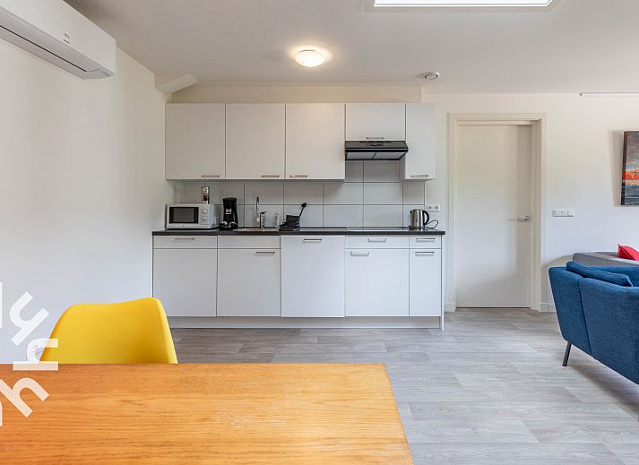 Gezellige binnenruimte van vakantiehuis DG1560 in Ermelo, Veluwe, Gelderland met kleurrijke inrichting en uitzicht op de natuur.