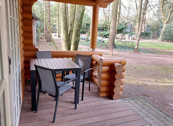 Rustikales Holzhaus in Ermelo, Veluwe, mit Veranda und Liegestuehlen inmitten der Natur in Gelderland.