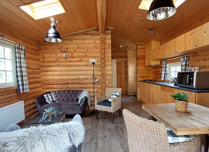 Rustikales Holzhaus in Ermelo, Veluwe, mit Veranda und Liegestuehlen inmitten der Natur in Gelderland.