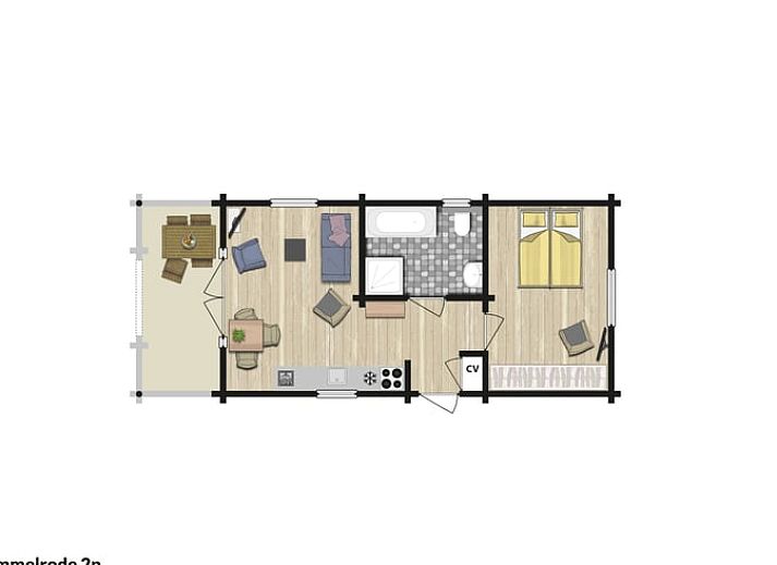 Geniessen Sie die waldige Aussicht von der Veranda des Huisje in Ermelo, einem gemuetlichen Ferienhaus an der Veluwe in Gelderland.