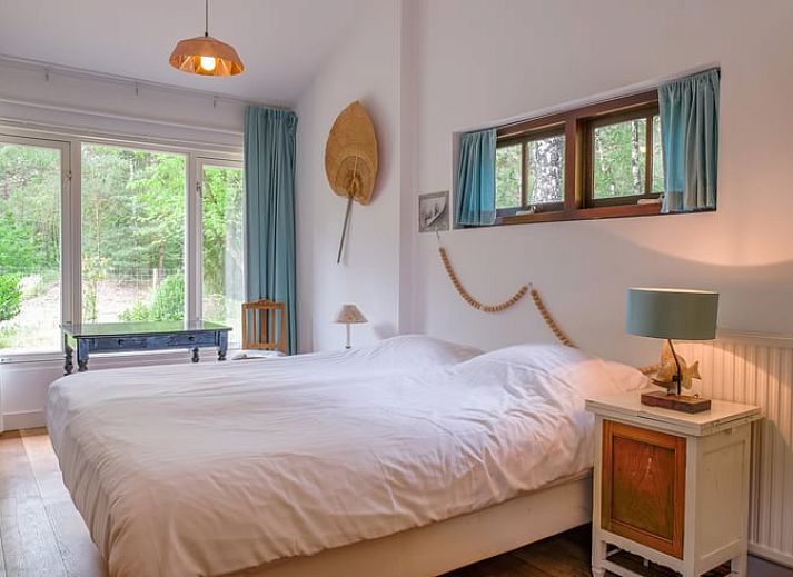 Gezellige woonkamer in Huisje in Ermelo, Veluwe, met kleurrijke stoelen en uitzicht op de natuur in Gelderland.