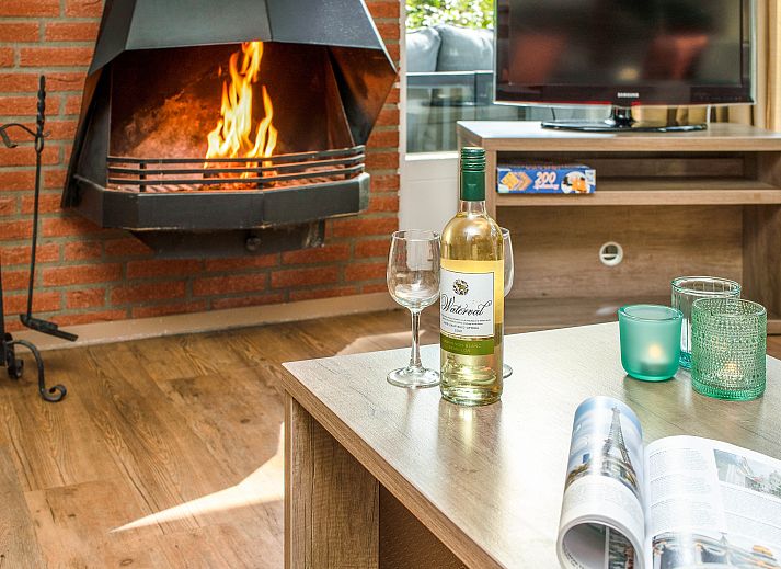 Gezellige woonkamer in Miggelenberg bungalow 6CE1, Hoenderloo, met uitzicht op de Veluwse natuur.