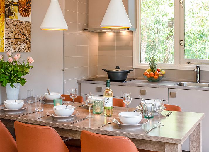 Gezellige woonkamer in Miggelenberg bungalow 6CE1, Hoenderloo, met uitzicht op de Veluwse natuur.