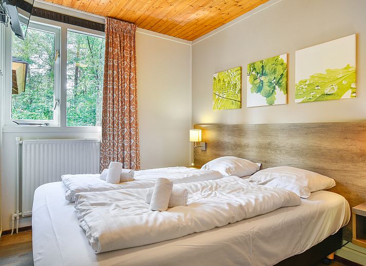 Comfortabele zithoek met open haard in Miggelenberg 6-persoons bungalow, Hoenderloo, Veluwe.