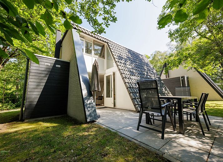 Gemuetliches Wohnzimmer der Veluwe Villa 4B in Hoenderloo mit modernem Kamin und Blick auf die Veluwe Natur.