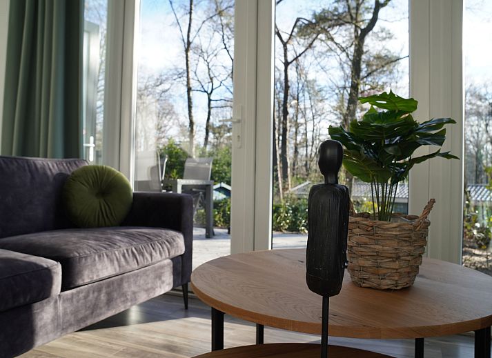 Gezellige woonkamer in Vakantiehuis Tiny House, Hoenderloo, Veluwe met veel natuurlijk lichtinval.