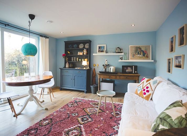 Gezellige woonkamer in Vakantiehuisje in Hoenderloo, Veluwe, met kleurrijke inrichting en comfortabele zitruimte.