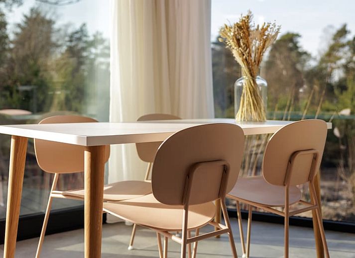 Uitzicht vanuit de slaapkamer van vakantiehuis Harmony in Hoenderloo, Veluwe, met toegang tot een priveterras en jacuzzi in de natuur.