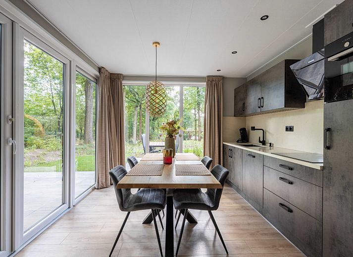 Buitenterras van Vakantiewoning Boszicht Luxe in Hoenderloo, Veluwe omgeven door bomen.