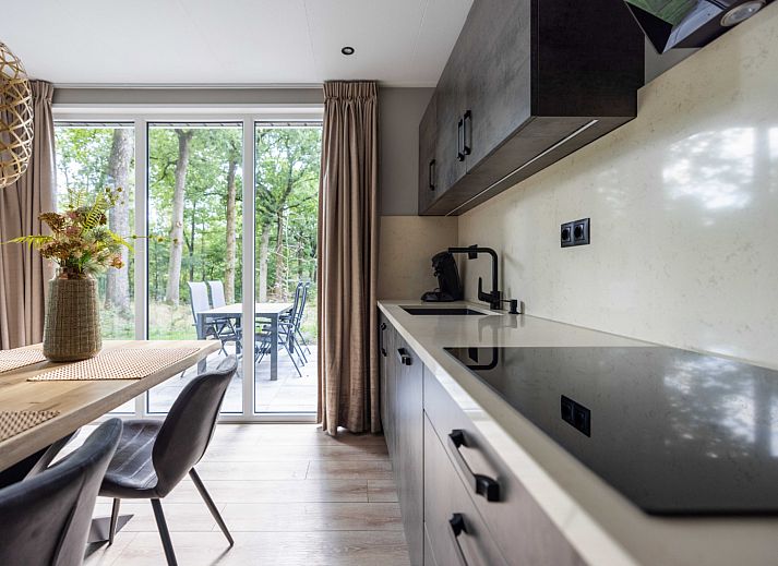 Buitenterras van Vakantiewoning Boszicht Luxe in Hoenderloo, Veluwe omgeven door bomen.