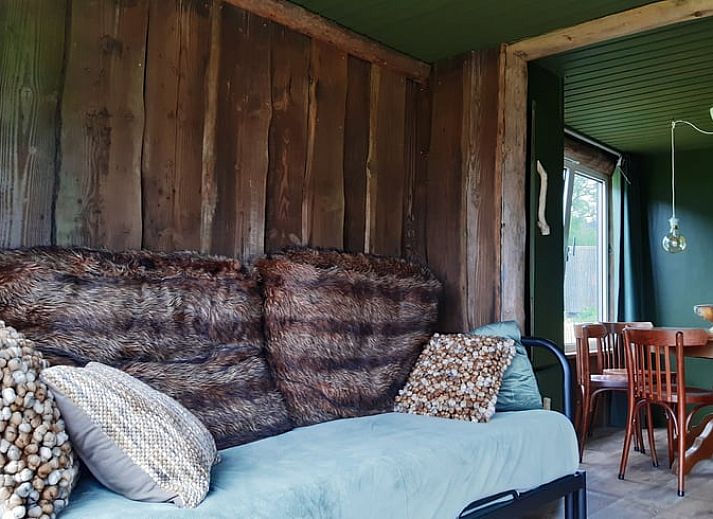 Geniessen Sie die ruhige Veranda des Ferienhauses in Garderen, das inmitten der wunderschoenen Natur der Veluwe in Gelderland liegt.