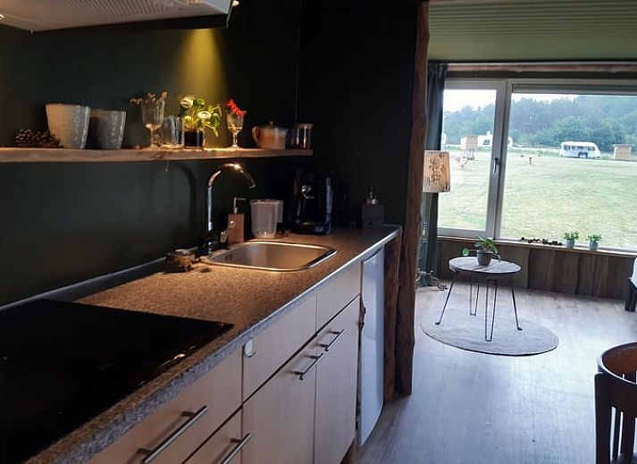 Geniessen Sie die ruhige Veranda des Ferienhauses in Garderen, das inmitten der wunderschoenen Natur der Veluwe in Gelderland liegt.