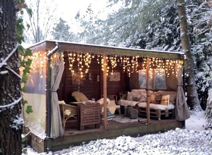 Vakantiehuisje in Garderen met sfeervolle veranda, omringd door besneeuwde natuur op de Veluwe, Gelderland.