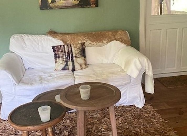Knusse binnenruimte van Vakantiehuisje in Garderen met comfortabele zithoek en winterse Veluwe-omgeving.