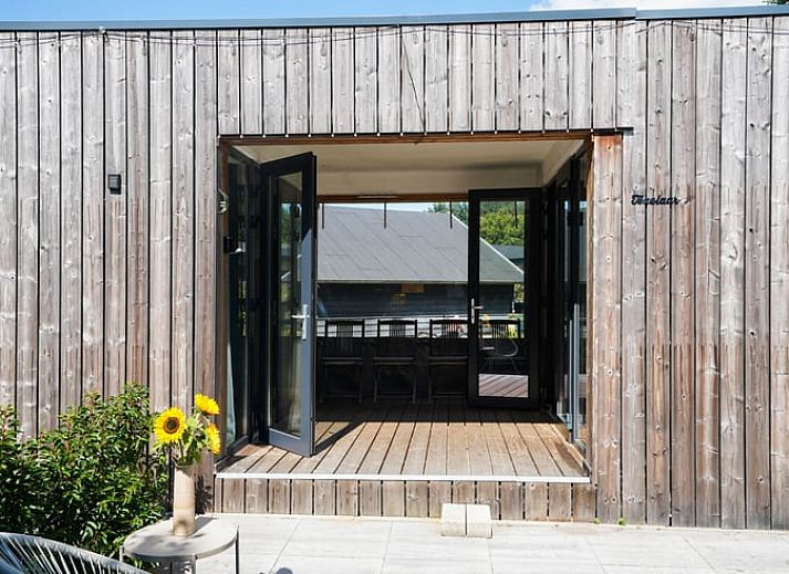 Modern wooden Cottage in Elspeet in the Veluwe region of Gelderland, surrounded by green grass.