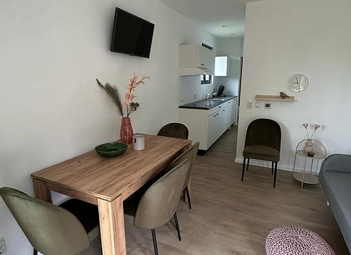 Spacious veranda of cottage in Elspeet overlooking green garden, Veluwe, Gelderland.