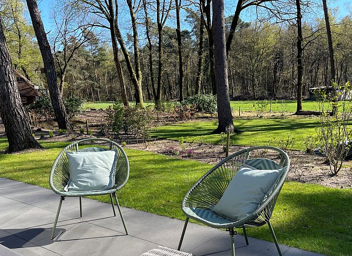 Ferienhaus Sprielderbosch 26 De Beuk in Putten, Veluwe, Gelderland mit Reetdach und Terrasse in der Natur.