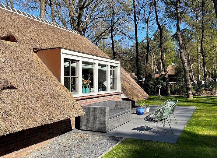 Ferienhaus Sprielderbosch 26 De Beuk in Putten, Veluwe, Gelderland mit Reetdach und Terrasse in der Natur.