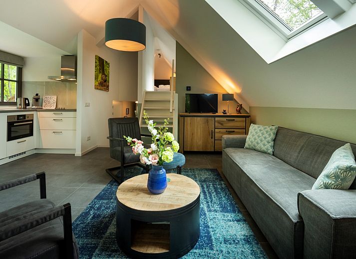 Gemuetlicher Aussenbereich des Ferienhauses Sprielderbosch 26 De Beuk in Putten, Veluwe, mit Sitzgelegenheit.