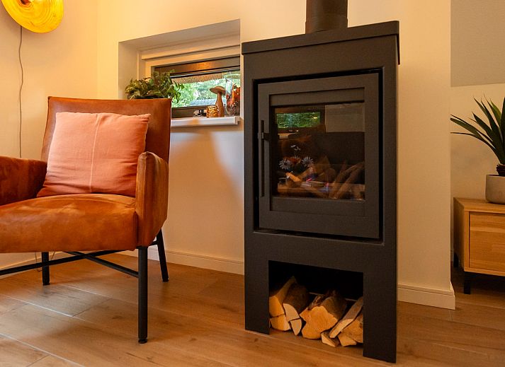 Blick auf den gruenen Garten des Ferienhauses Sprielderbosch 23 De Zwijnenstal, ein rustikales Ferienhaus in der Veluwe.