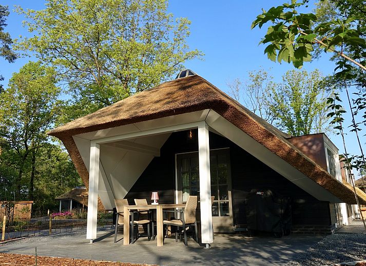 Ferienhaus Sprielderbosch 46 De Zonnehoed in Putten mit Reetdach und bunten Blumen an der Veluwe.