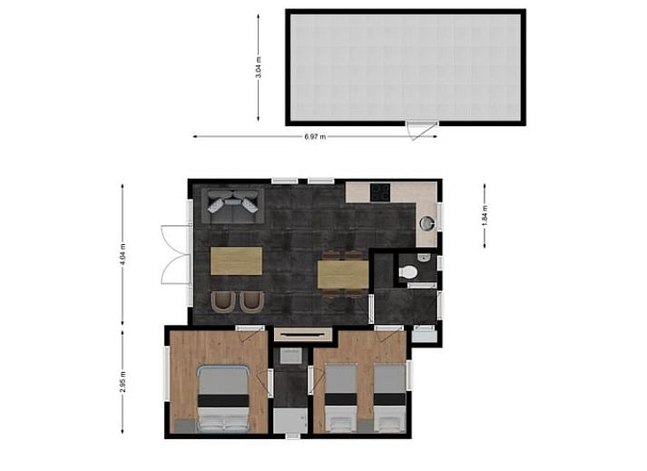 Comfortable sitting area in vacation home in Putten, Veluwe, Gelderland overlooking terrace.