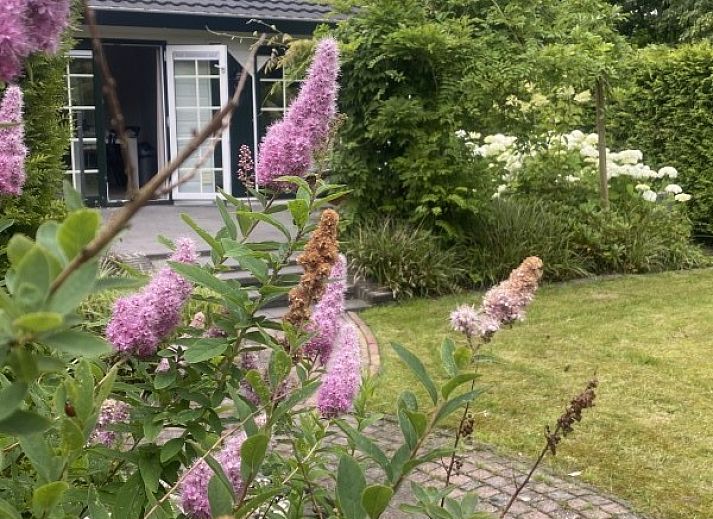 Indoor area of The Veluws Paradijs in Voorthuizen overlooking green garden and comfortable lounge area.