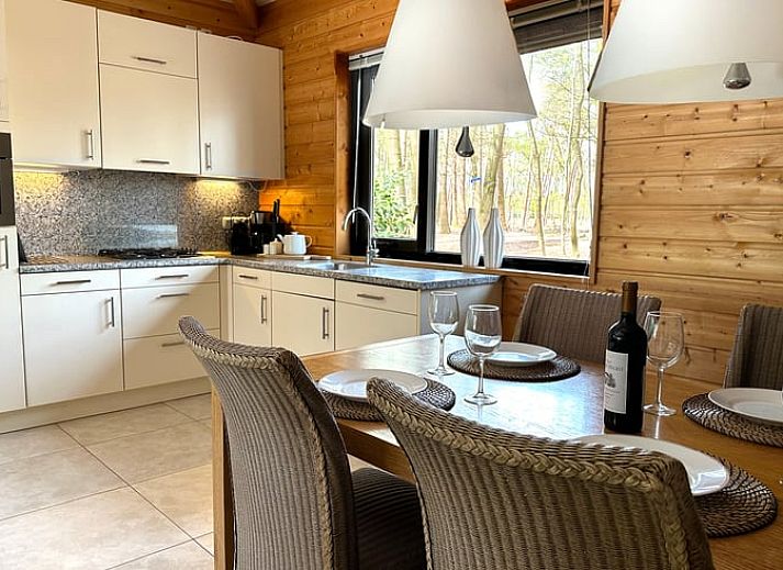 Gemuetlicher Innenbereich des Ferienhauses in Voorthuizen mit Blick auf die Terrasse und das Waldgebiet, gelegen in Veluwe, Gelderland.