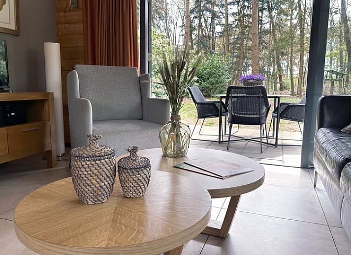 Gemuetlicher Innenbereich des Ferienhauses in Voorthuizen mit Blick auf die Terrasse und das Waldgebiet, gelegen in Veluwe, Gelderland.