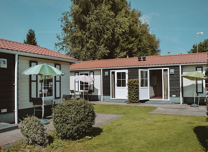Veranda des Ferienhauses Recreatiepark De Boshoek in Voorthuizen, Veluwe mit Sonnenschirmen und Blick ins Gruene.