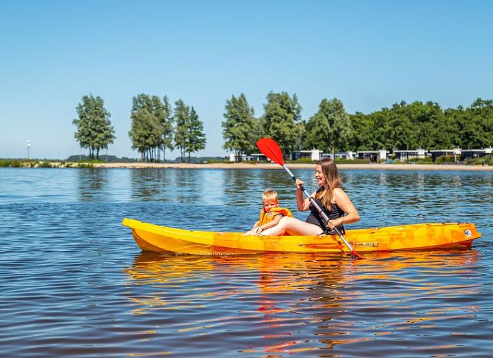 Comfortabele zithoek in Vakantiehuis Hackfort 6, Hulshorst, Veluwe met uitzicht op de natuur.