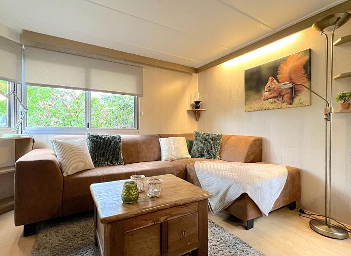 Cozy living room of chalet Eekhoorn in Hulshorst, Veluwe with comfortable seating area.