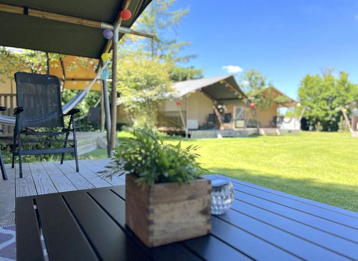 Essbereich in der Zelthuette De Bij in Hulshorst, Veluwe, mit moderner Einrichtung und Holzdetails.