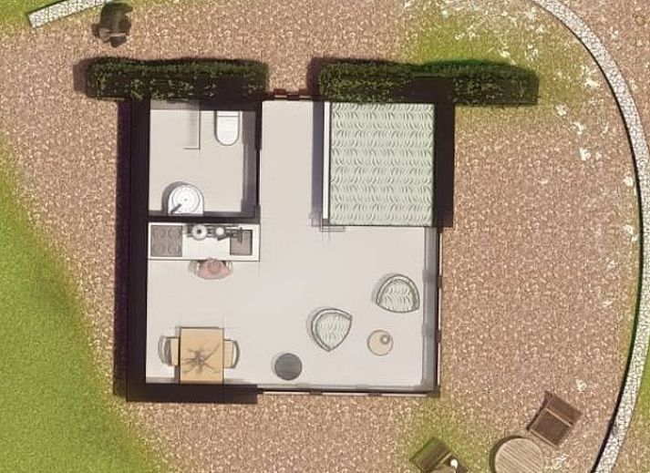 Sunny terrace at Cottage in Otterlo, perfect for relaxation in Otterlo, Veluwe, Gelderland.