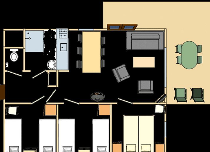 Aussenbereich von Cottage in Otterlo, Ferienhaus in Veluwe, Gelderland mit gruenem Garten und Haengematte.