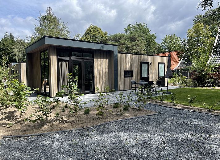Chalet in Otterlo in the Veluwe, modern vacation accommodation with terrace and green surroundings in Gelderland.