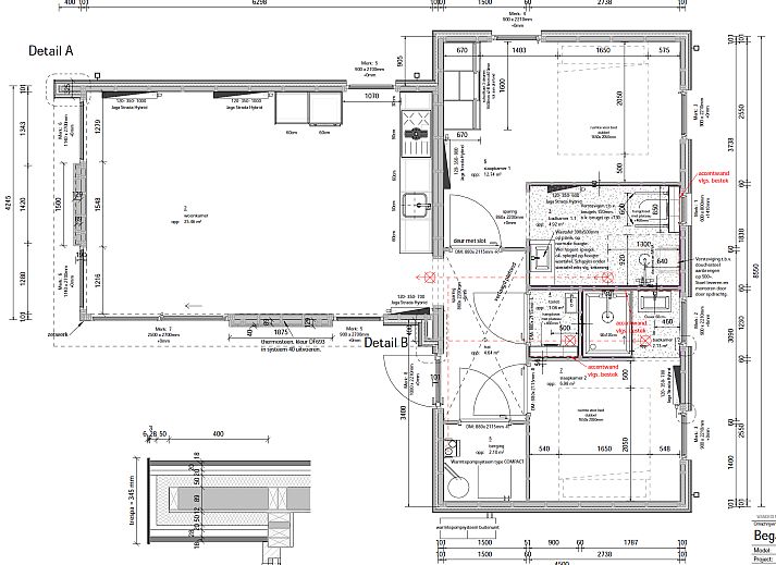 Moderne keuken en eetruimte in de Vrijstaande woning in Otterlo, vakantiehuis op de Veluwe, Gelderland.