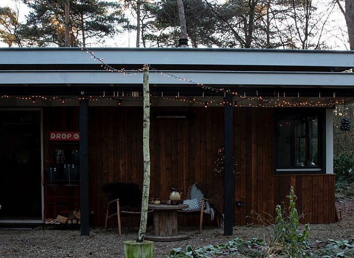 Schnee bedeckt den Wald um das Ferienhaus in Otterlo, ein charmantes Ferienhaus in der Veluwe, Gelderland, umgeben von Natur.
