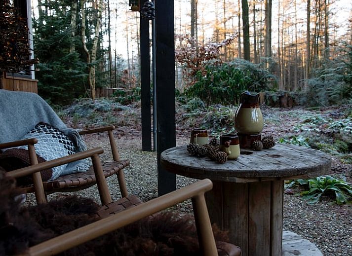 Stilvolles Aeusseres des Ferienhauses in Otterlo, Veluwe mit natuerlicher Dekoration und gruener Umgebung in Gelderland.