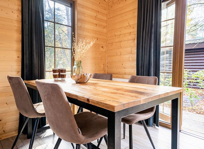 Gezellige woonkamer in Vakantiehuis Boekhorst 5, Otterlo, Veluwe met houten interieur en comfortabele zitruimte.