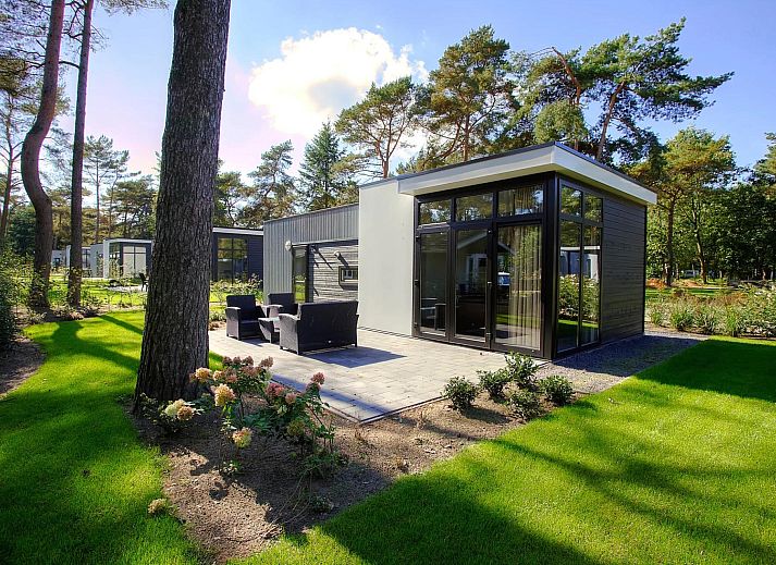 Cube la Mer 4 vakantiehuis in Otterlo, Veluwe. Geniet van het terras omringd door groene natuur en serene bosomgeving.