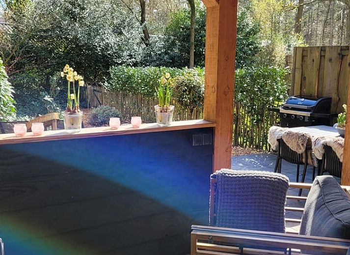 Enjoy the peace and quiet on the veranda of Holiday Home in Epe, Veluwe, Gelderland, overlooking the green garden and surrounding nature.