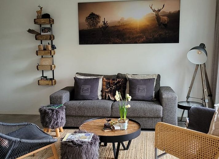 Cozy porch of Holiday Home in Epe in the Veluwe, Gelderland, with fireplace and views of the wooded landscape.