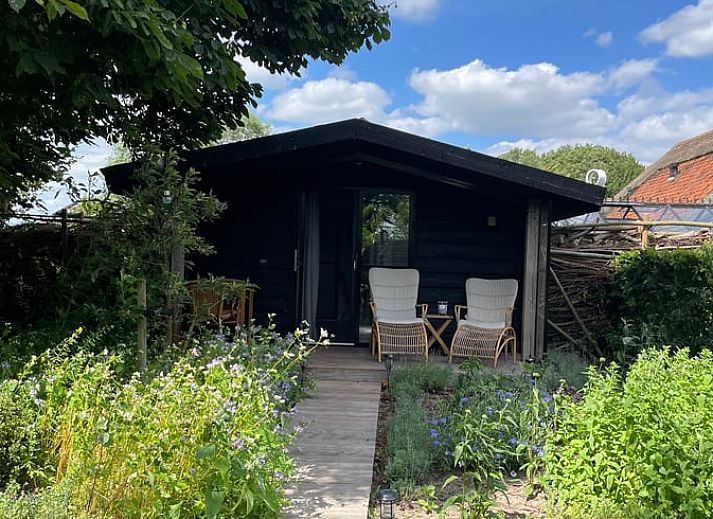 Entspannen Sie sich im Garten des Ferienhauses in Scherpenzeel, Gelderland mit Sauna und Whirlpool, das in der gruenen Veluwe-Region liegt.