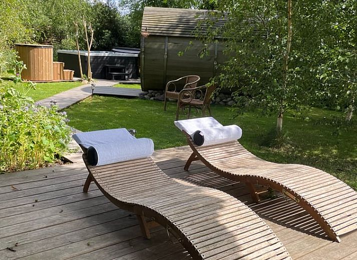 Entspannen Sie sich im Garten des Ferienhauses in Scherpenzeel, Gelderland, mit Sauna und Blick auf die Veluwe-Landschaft.