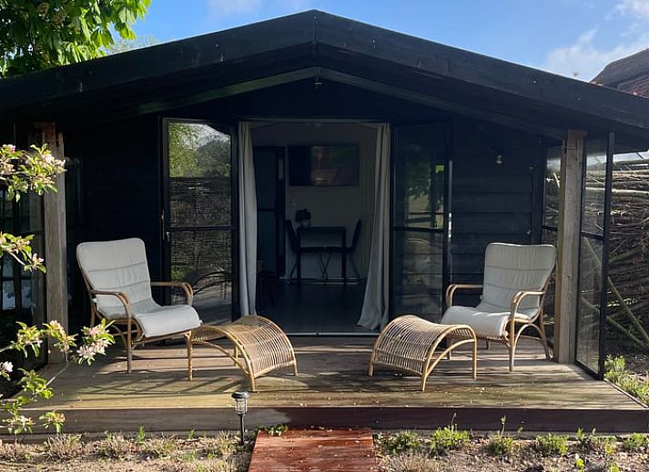Entspannen Sie sich im Garten des Ferienhauses in Scherpenzeel, Gelderland, mit Sauna und Blick auf die Veluwe-Landschaft.